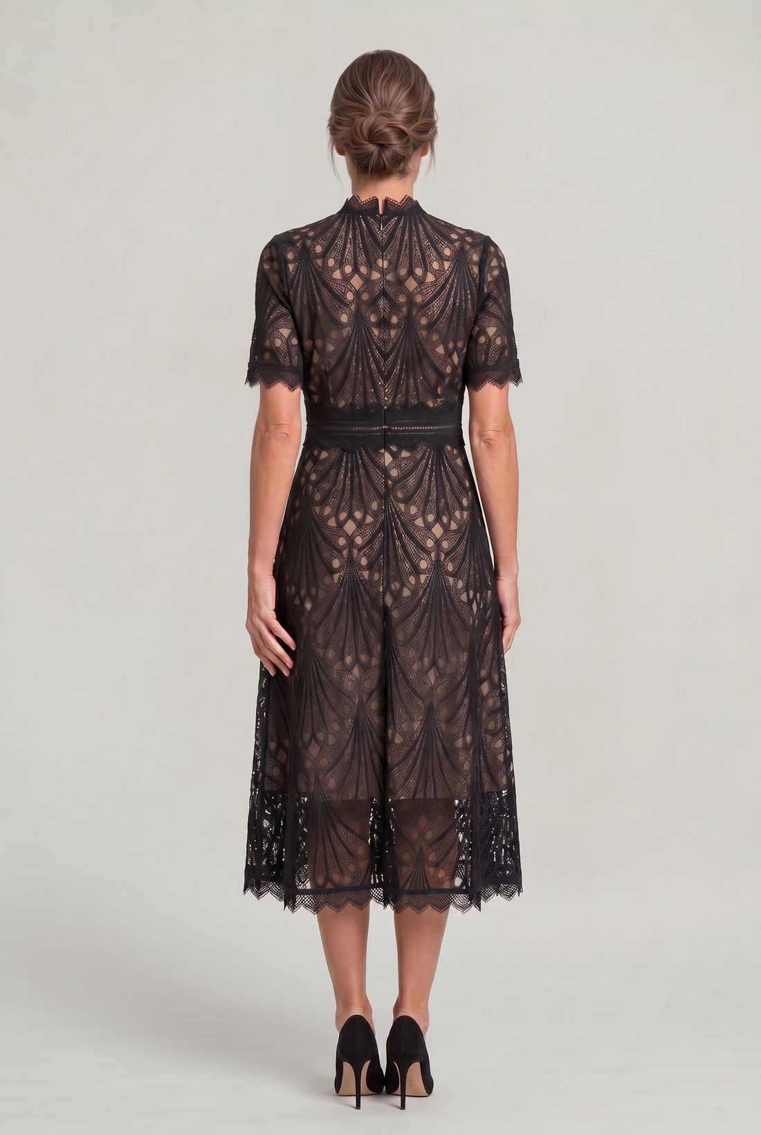 Women’s Elegant Lace Midi Dress – High Neck Silhouette with Refined Cutwork Detail