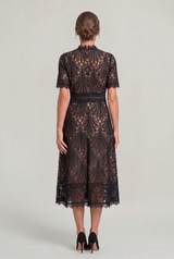 Women’s Elegant Lace Midi Dress – High Neck Silhouette with Refined Cutwork Detail