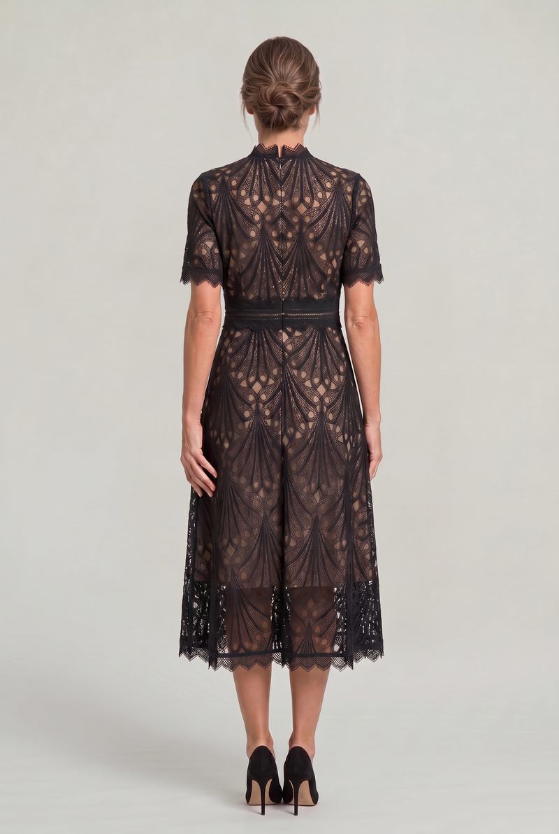 Women’s Elegant Lace Midi Dress - High Neck Silhouette with Refined Cutwork Detail
