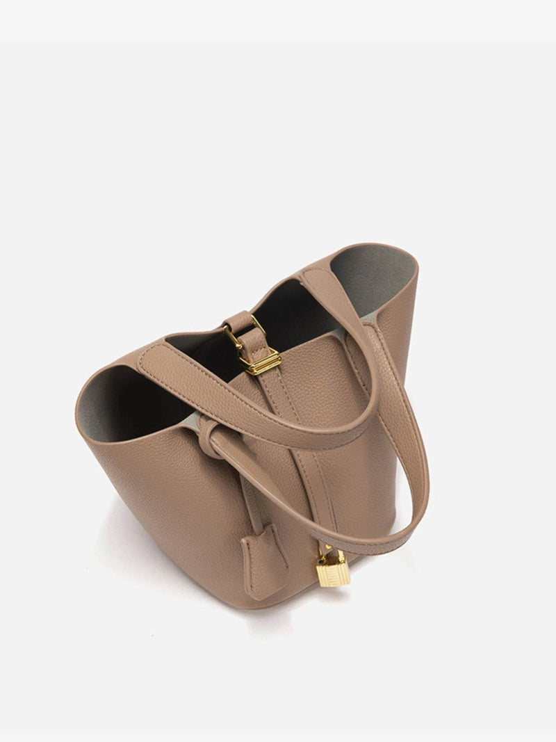 Women’s Leather Bucket Bag - Gold Details Classic Style