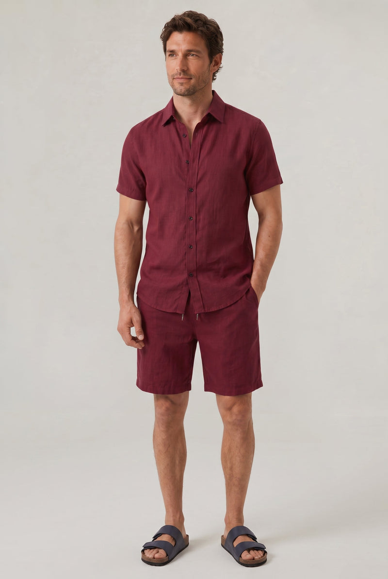Men's Linen Buttoned Short Sleeve Shirt and Shorts Two Piece Set