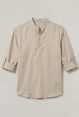 Men's Linen Henley Shirt - Grandad Collar Roll Up Sleeve Casual Summer Shirt