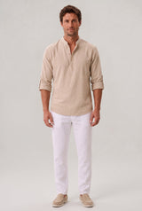 Men's Linen Henley Shirt - Grandad Collar Roll Up Sleeve Casual Summer Shirt