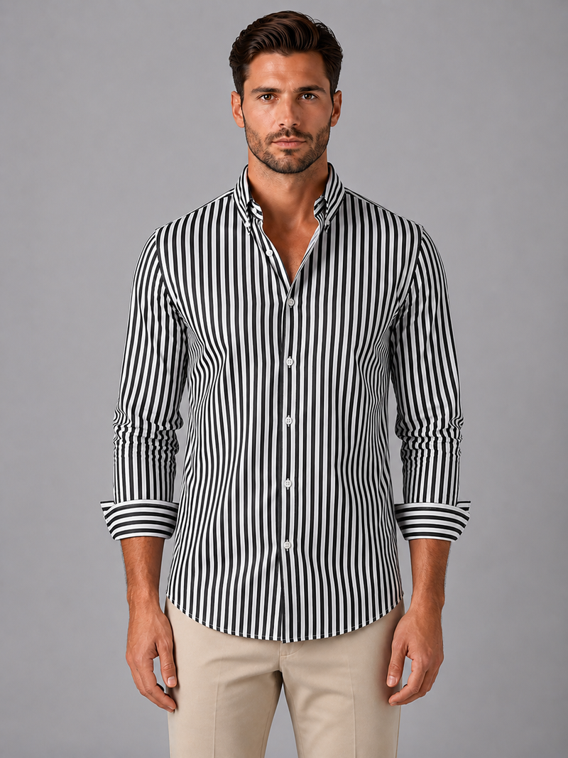 Men’s Striped Long Sleeve Shirt - Smart Casual Button-Up Style