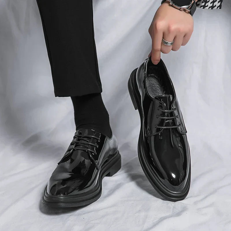 Men’s Black Patent Leather Derby Shoes - Formal Lace-Up Evening Dress Shoes