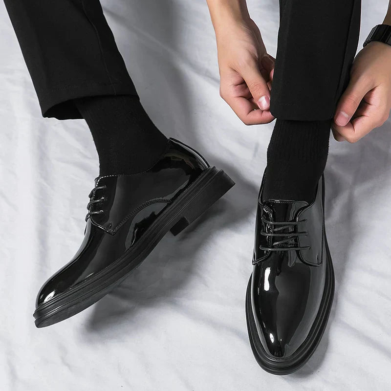 Men’s Black Patent Leather Derby Shoes - Formal Lace-Up Evening Dress Shoes