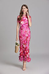 Women’s Floral Midi Dress – 3D Appliqué Wedding Guest Dress