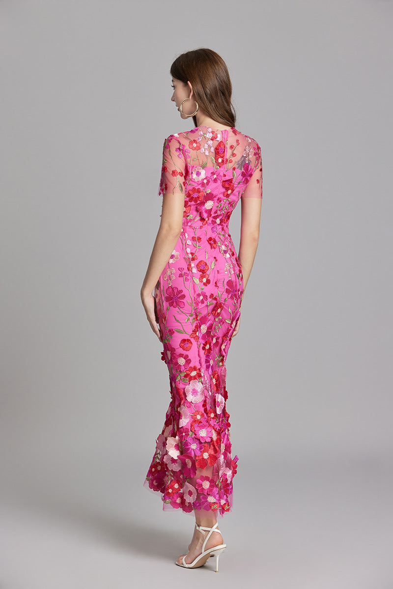 Women’s Floral Midi Dress - 3D Appliqué Wedding Guest Dress