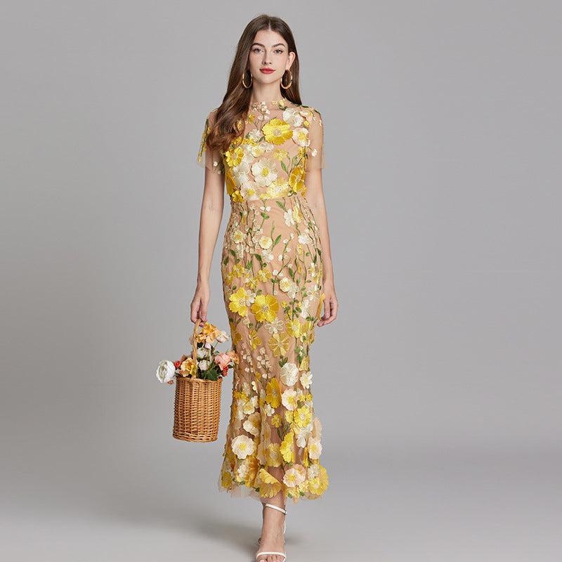 Women’s Floral Midi Dress - 3D Appliqué Wedding Guest Dress