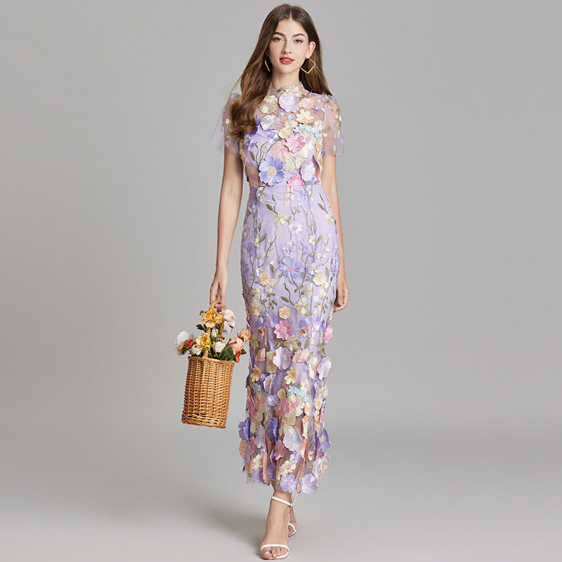 Women’s Floral Midi Dress - 3D Appliqué Wedding Guest Dress