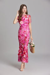 Women’s Floral Midi Dress – 3D Appliqué Wedding Guest Dress