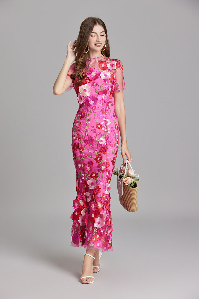 Women’s Floral Midi Dress - 3D Appliqué Wedding Guest Dress