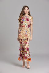 Women’s Floral Midi Dress – 3D Appliqué Wedding Guest Dress