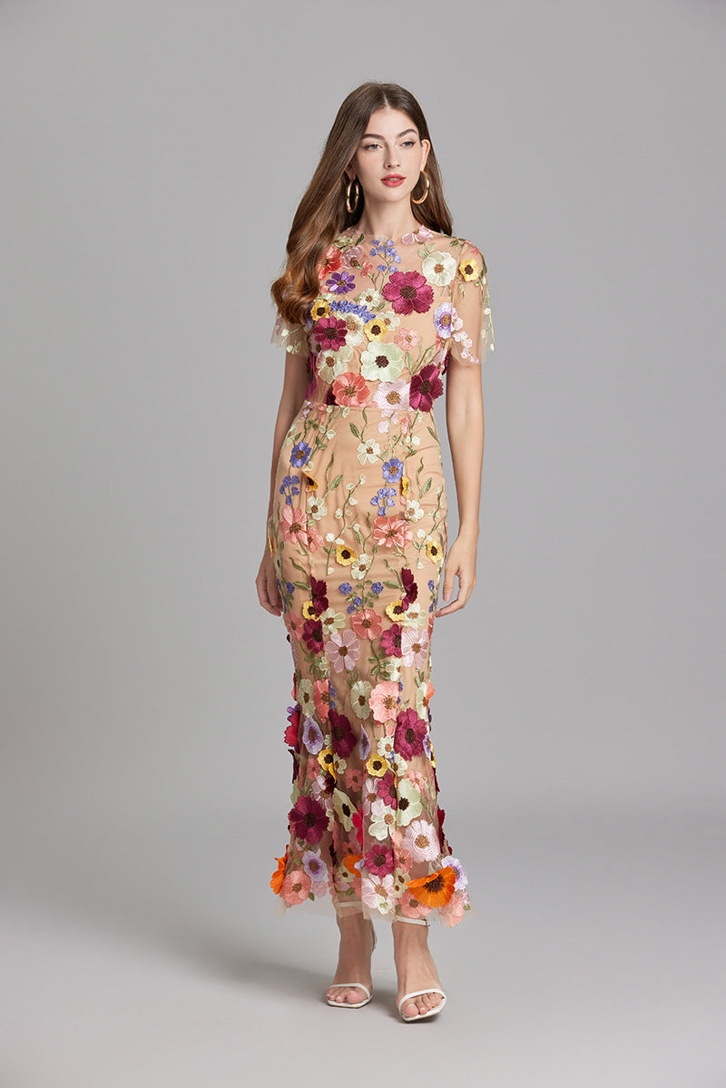 Women’s Floral Midi Dress - 3D Appliqué Wedding Guest Dress