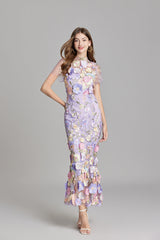 Women’s Floral Midi Dress – 3D Appliqué Wedding Guest Dress
