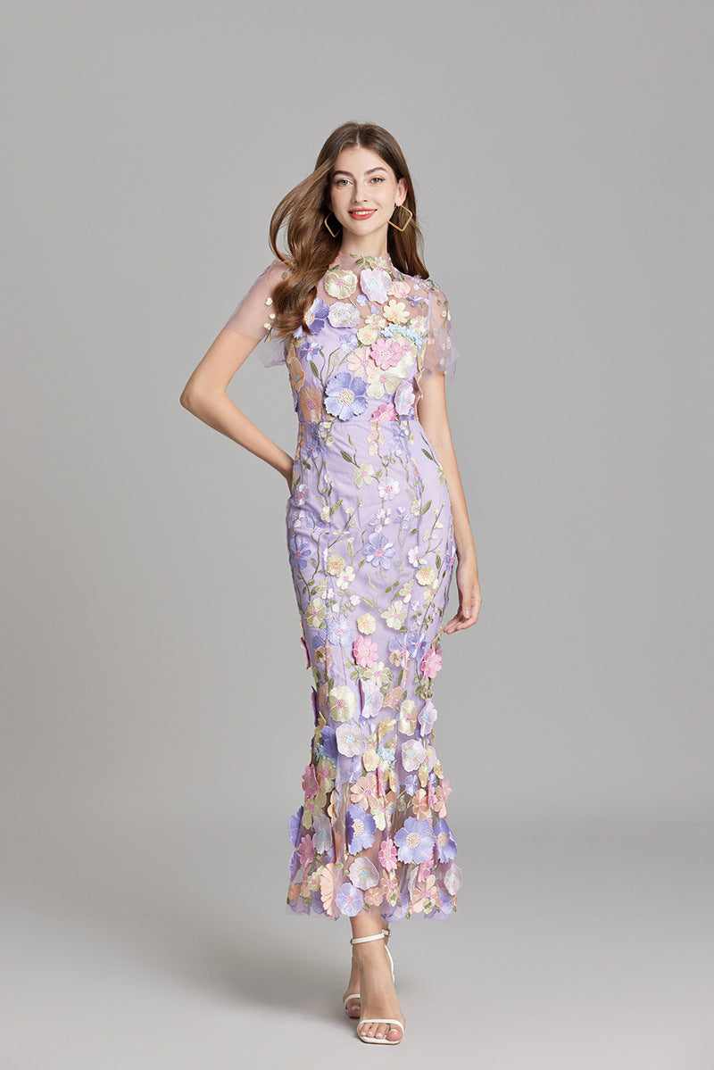 Women’s Floral Midi Dress - 3D Appliqué Wedding Guest Dress