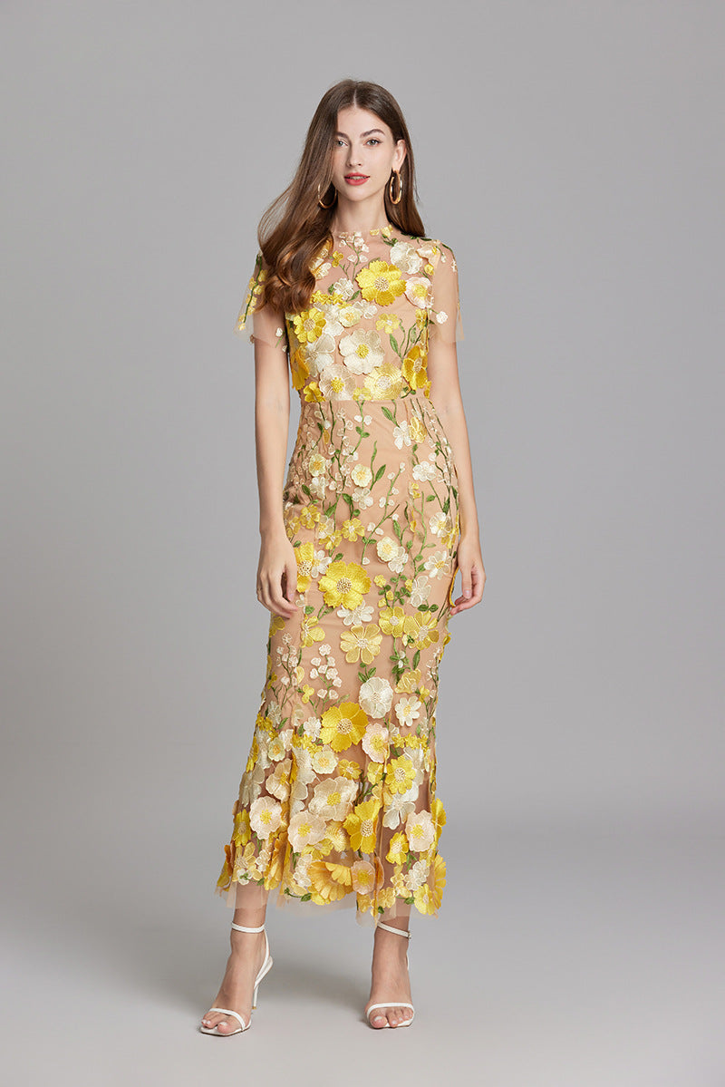 Women’s Floral Midi Dress - 3D Appliqué Wedding Guest Dress