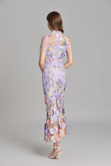 Women’s Floral Midi Dress – 3D Appliqué Wedding Guest Dress