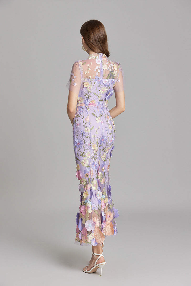 Women’s Floral Midi Dress - 3D Appliqué Wedding Guest Dress