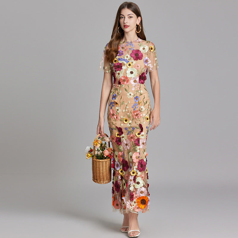 Women’s Floral Midi Dress - 3D Appliqué Wedding Guest Dress