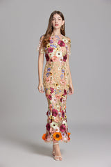 Women’s Floral Midi Dress – 3D Appliqué Wedding Guest Dress