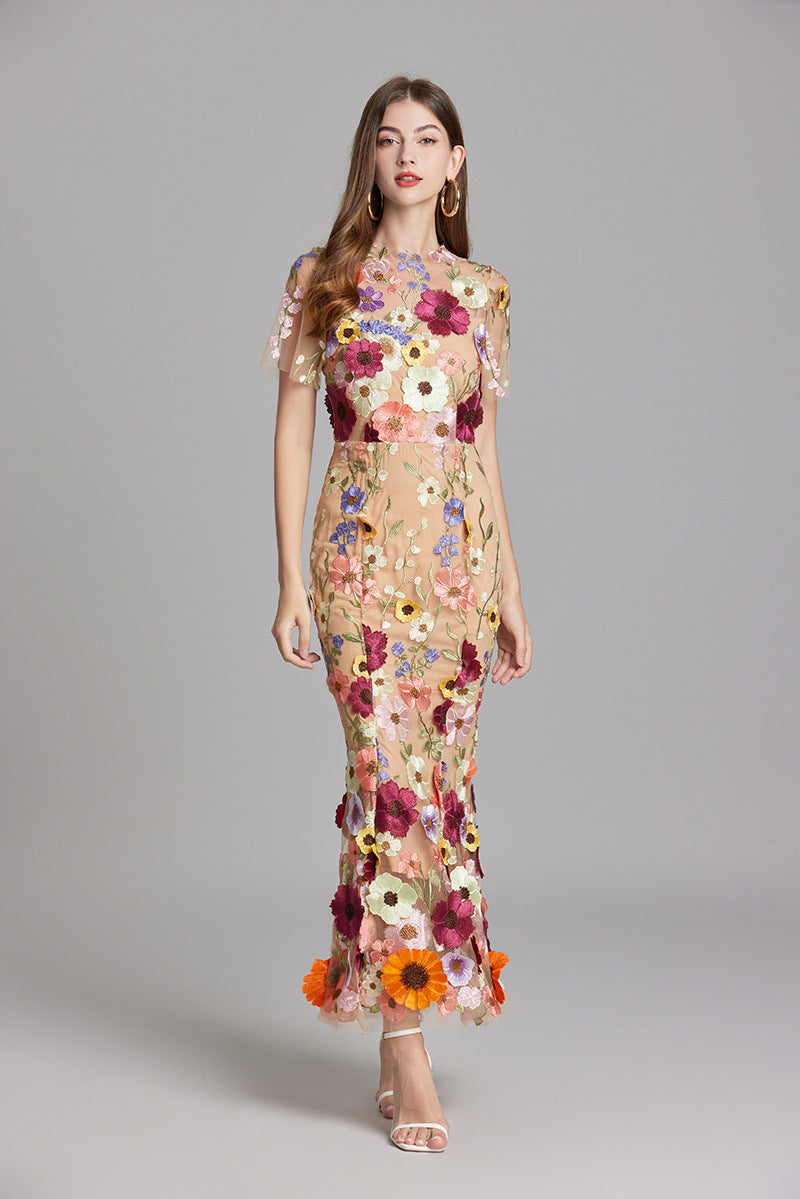 Women’s Floral Midi Dress - 3D Appliqué Wedding Guest Dress