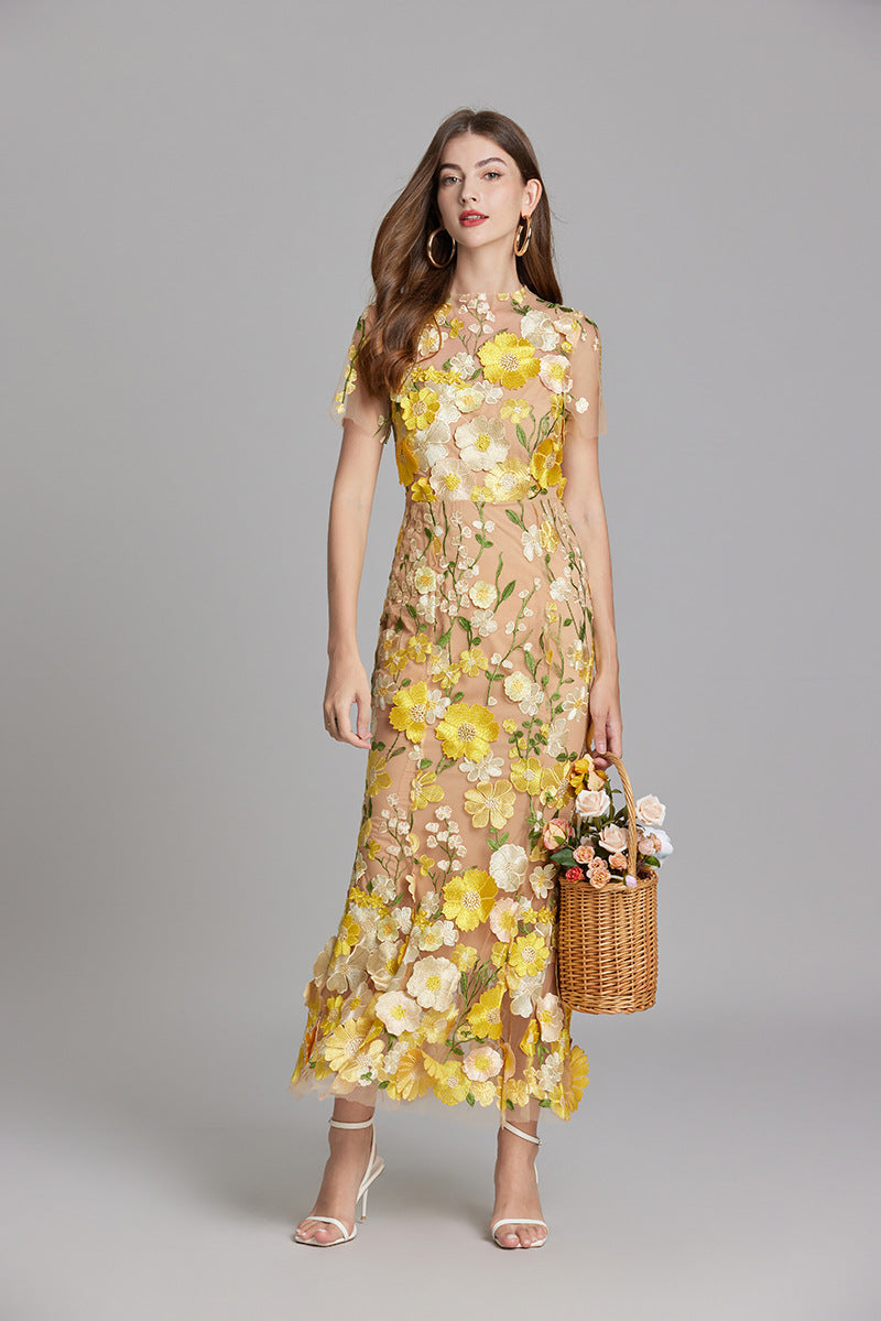 Women’s Floral Midi Dress - 3D Appliqué Wedding Guest Dress