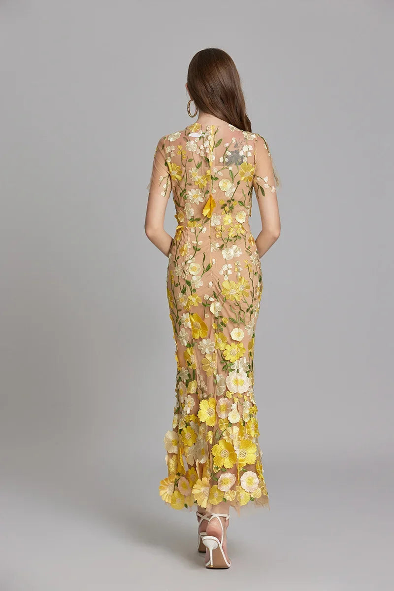 Women’s Floral Midi Dress - 3D Appliqué Wedding Guest Dress