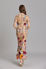Women’s Floral Midi Dress – 3D Appliqué Wedding Guest Dress