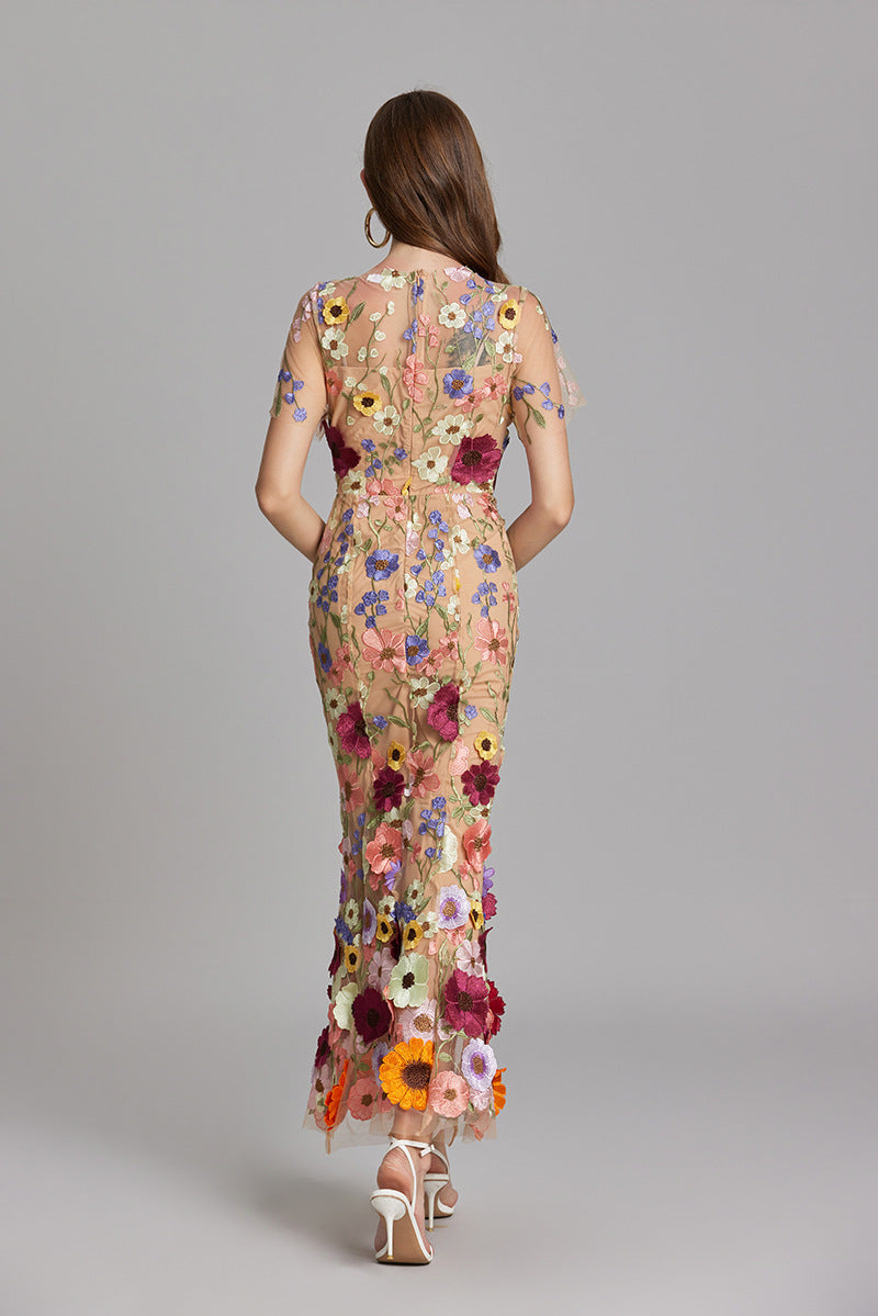 Women’s Floral Midi Dress - 3D Appliqué Wedding Guest Dress