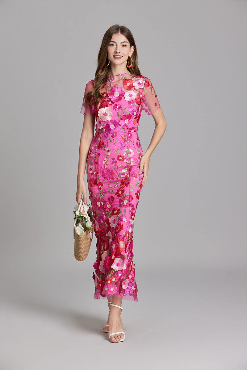 Women’s Floral Midi Dress - 3D Appliqué Wedding Guest Dress