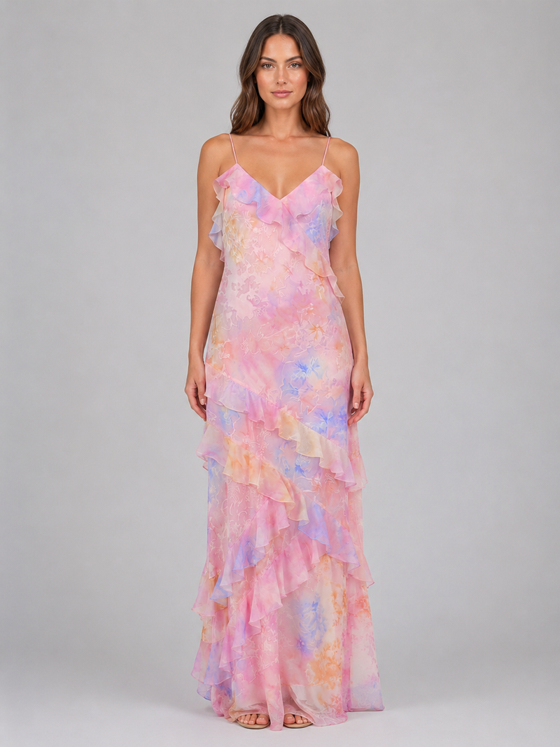 Women’s Chiffon Floral Ruffle Maxi Dress - Wedding Guest Occasion