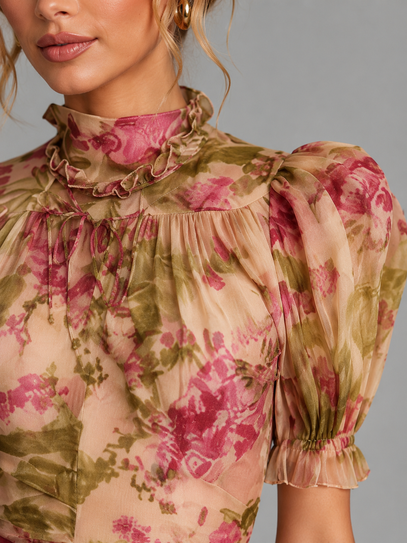 Women’s Floral Chiffon Maxi Dress - Puff Sleeve Fishtail Gown