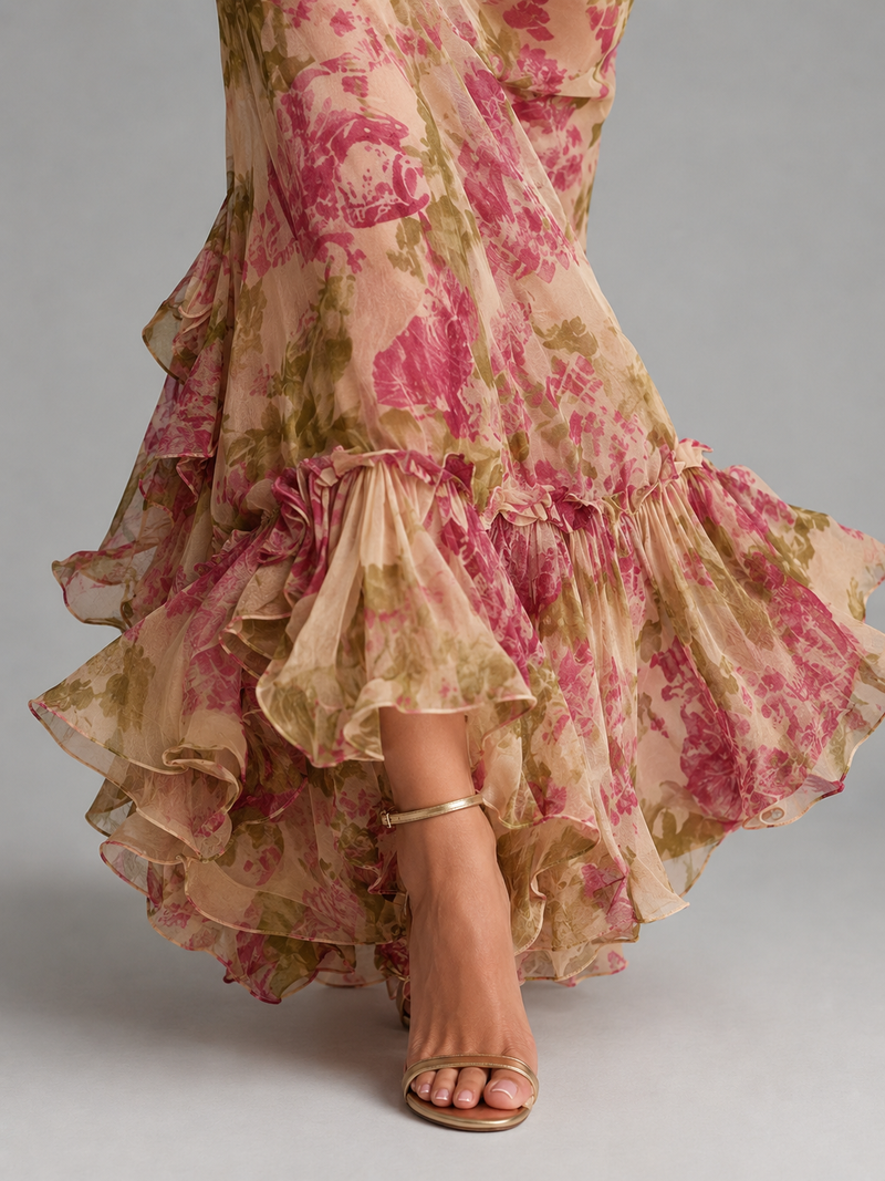 Women’s Floral Chiffon Maxi Dress - Puff Sleeve Fishtail Gown