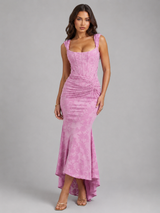 Women’s Floral Corset Maxi Dress with Asymmetrical Hem – Sculpted Silhouette