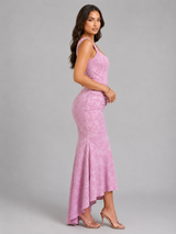 Women’s Floral Corset Maxi Dress with Asymmetrical Hem – Sculpted Silhouette