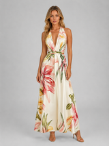 Women's Floral Halter Maxi Dress – Tie Waist Summer Occasion Style