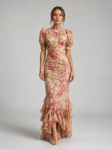 Women’s Floral High Neck Ruffle Maxi Dress – Flowy Printed Silhouette