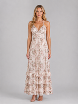 Women's Floral Ruffle Maxi Dress – Beaded Halter Neck
