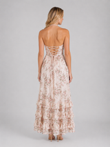 Women's Floral Ruffle Maxi Dress – Beaded Halter Neck