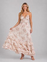 Women's Floral Ruffle Maxi Dress – Beaded Halter Neck