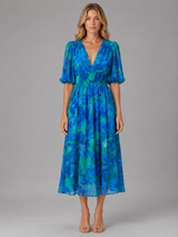 Women’s Floral V-Neck Midi Dress – Elegant Summer Occasion