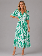 Women’s Floral V-Neck Midi Dress – Elegant Summer Occasion
