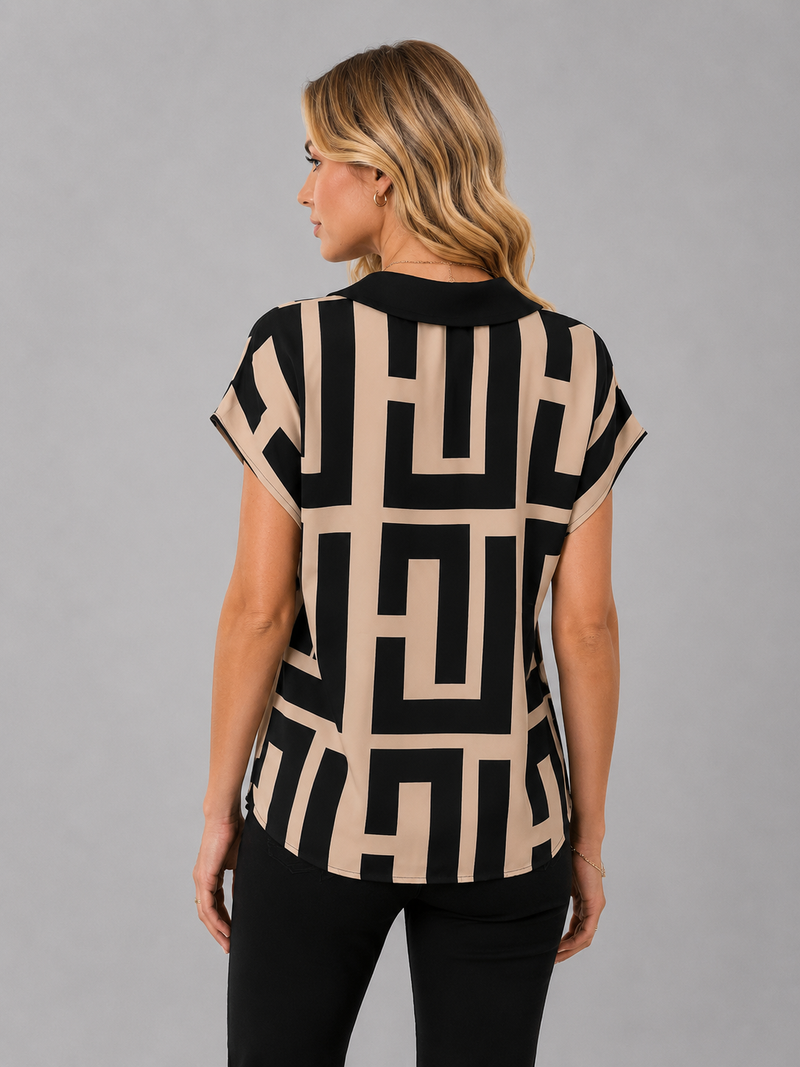 Women’s Geometric V-Neck Blouse - Elegant Smart Casual Style