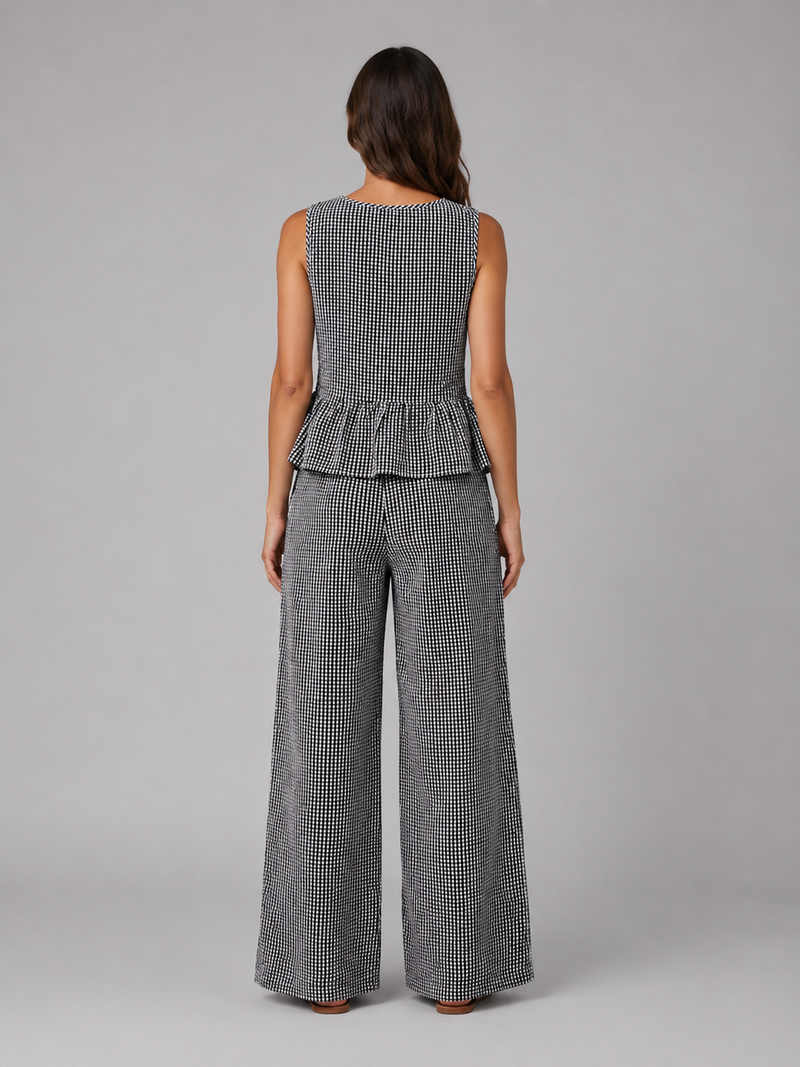 Women's Gingham Two-Piece Set - Sleeveless Top & Wide Leg Trousers