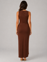 Women’s High Neck Ruched Maxi Dress –  Gold Detail Gown