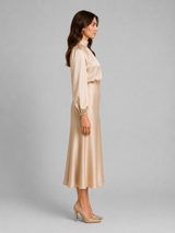 Women’s High Neck Satin Feel Midi Dress – Elegant Long Sleeve Fit