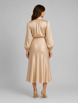 Women’s High Neck Satin Feel Midi Dress – Elegant Long Sleeve Fit