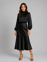 Women’s High Neck Satin Feel Midi Dress – Elegant Long Sleeve Fit