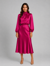 Women’s High Neck Satin Feel Midi Dress – Elegant Long Sleeve Fit